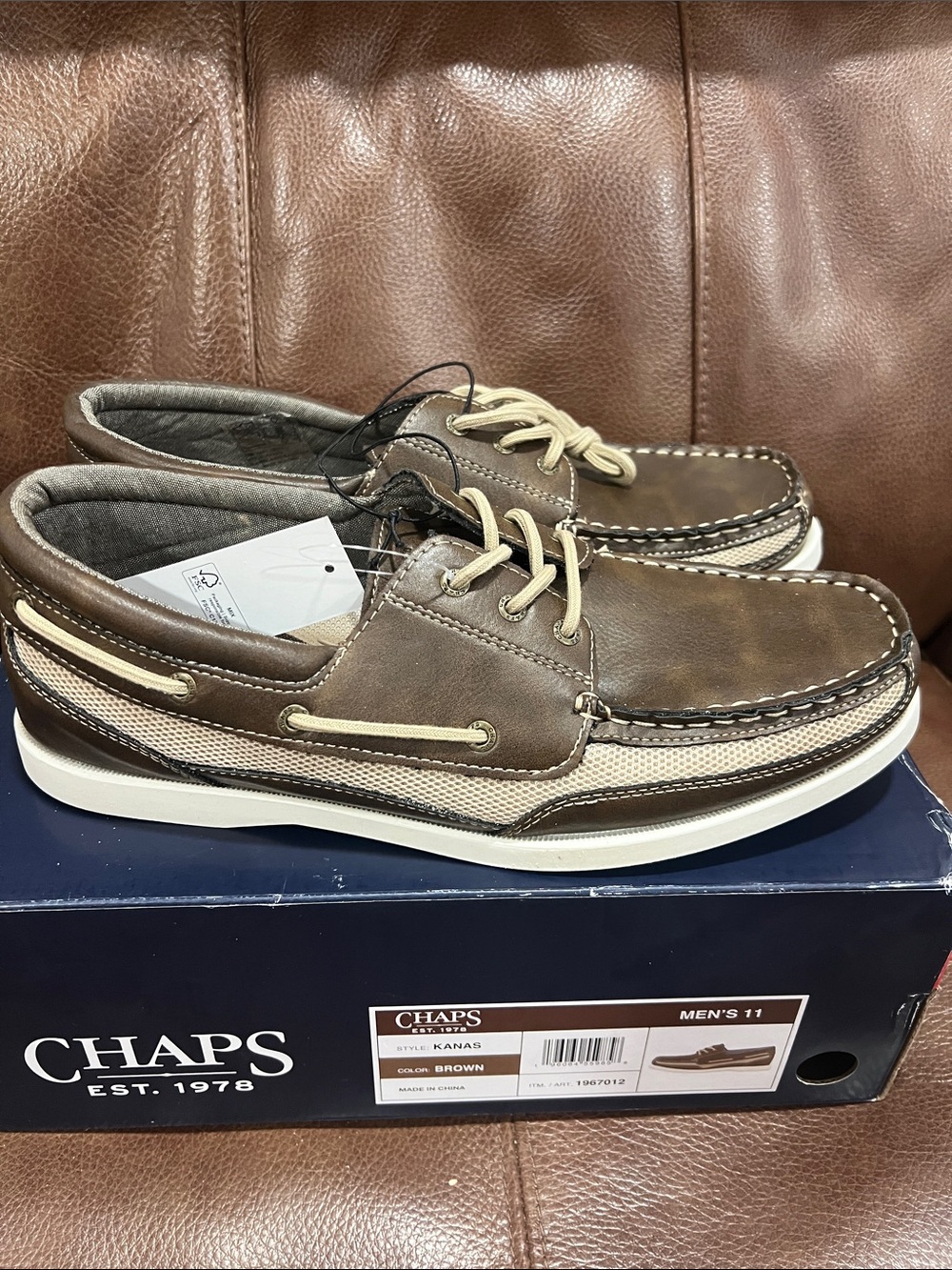 Chaps Brown and Cream Men’s Boat Shoes - Lace-Up Deck Shoes